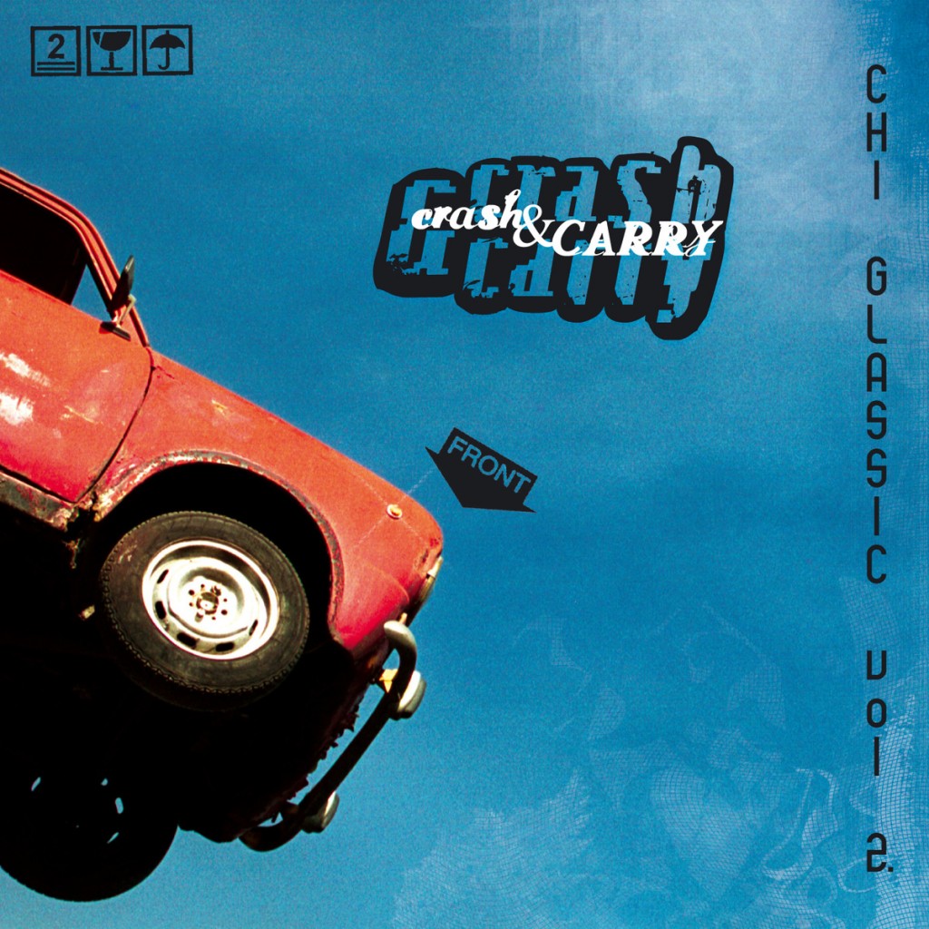 the cover of the crash and carry album. It has the side on view of a flying red car.