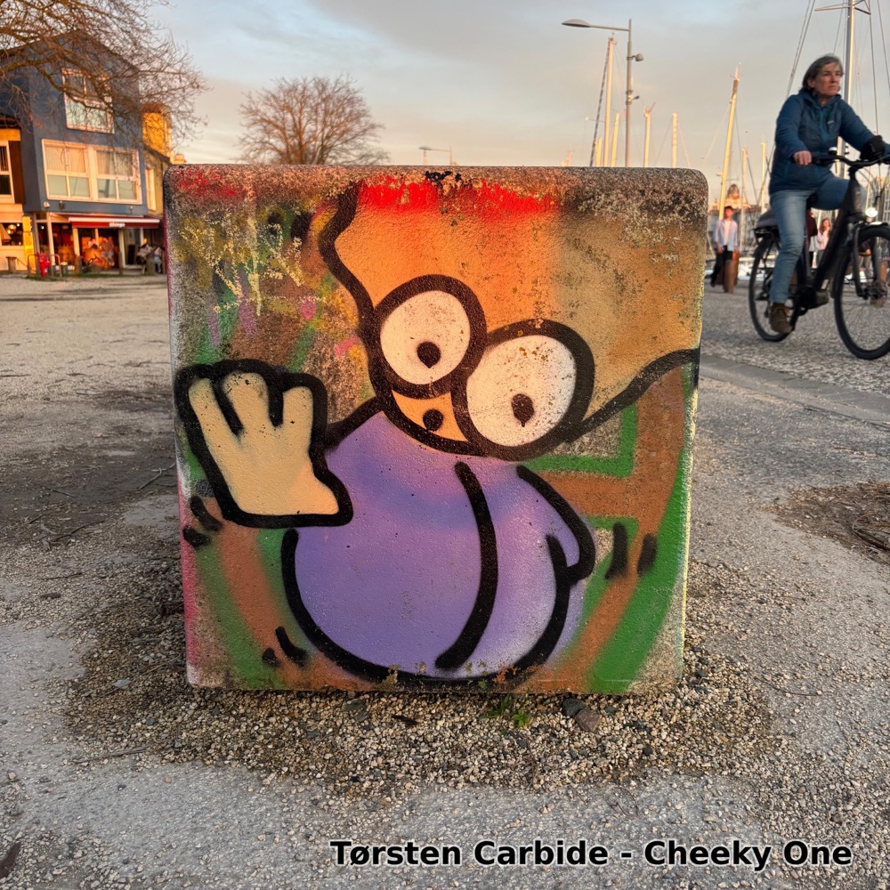 Cheeky One single cover art by Tørsten Carbide, Coarse Fish Records: a painted cartoon character on a concrete block by a harbour
